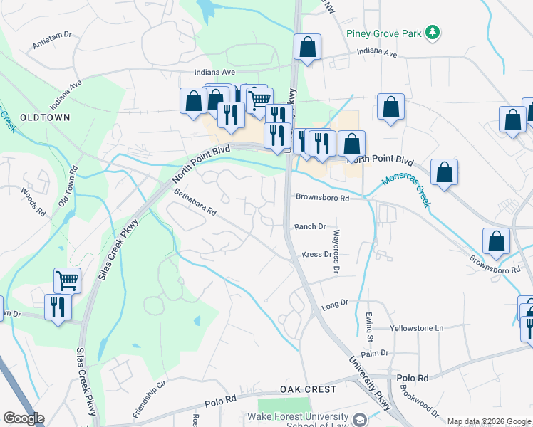map of restaurants, bars, coffee shops, grocery stores, and more near 1121 Academic Drive in Winston-Salem