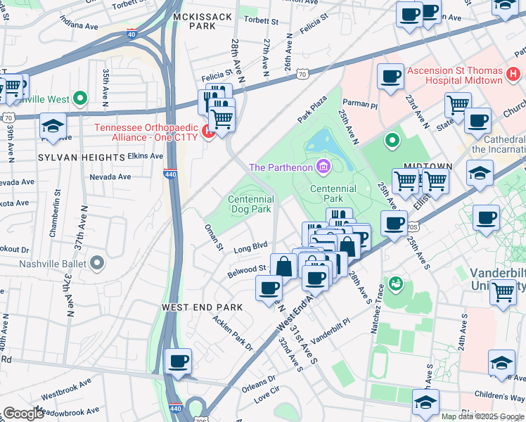 map of restaurants, bars, coffee shops, grocery stores, and more near 102 Parthenon Avenue in Nashville