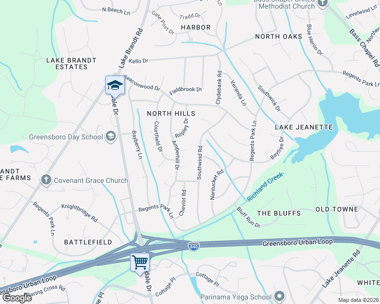 map of restaurants, bars, coffee shops, grocery stores, and more near 4 Winterton Court in Greensboro