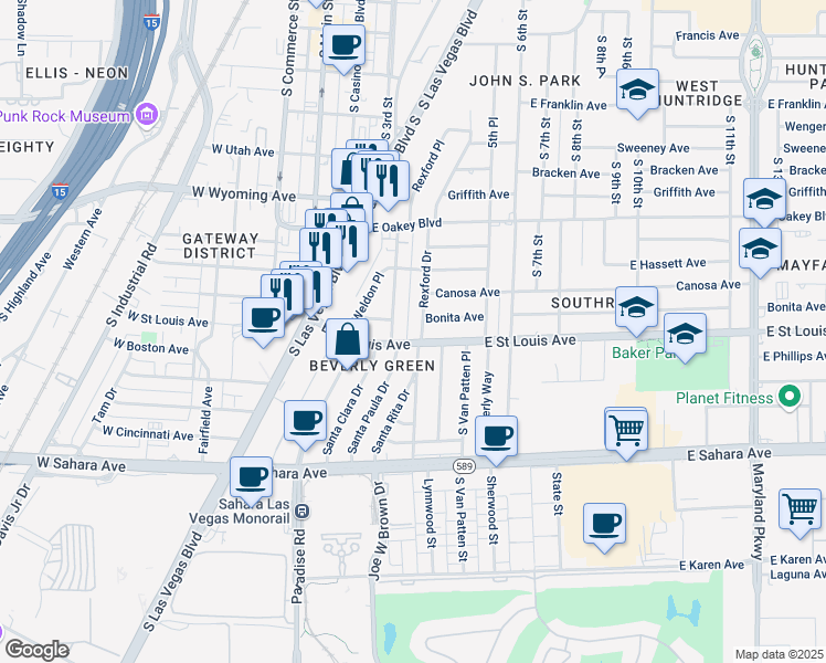 map of restaurants, bars, coffee shops, grocery stores, and more near 539 East Saint Louis Avenue in Las Vegas