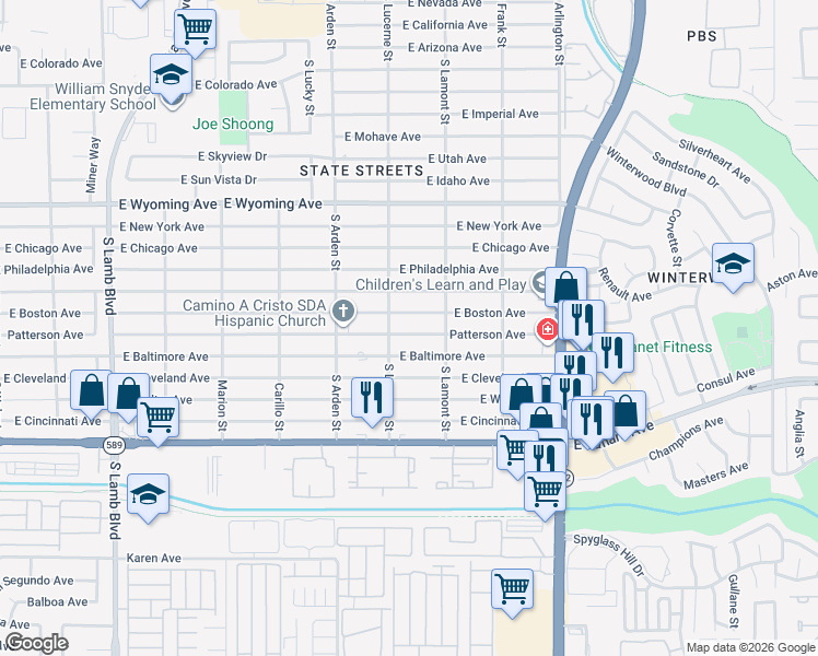 map of restaurants, bars, coffee shops, grocery stores, and more near 4738 Patterson Avenue in Las Vegas