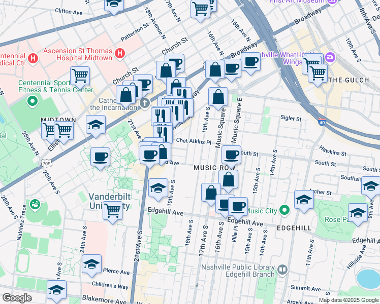 map of restaurants, bars, coffee shops, grocery stores, and more near 900 19th Avenue South in Nashville