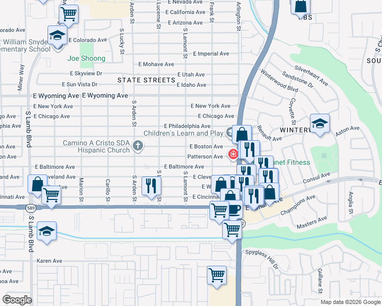 map of restaurants, bars, coffee shops, grocery stores, and more near 4820 East Boston Avenue in Las Vegas