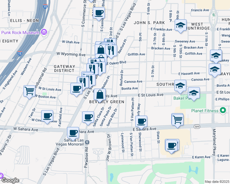 map of restaurants, bars, coffee shops, grocery stores, and more near 1909 Santa Paula Drive in Las Vegas