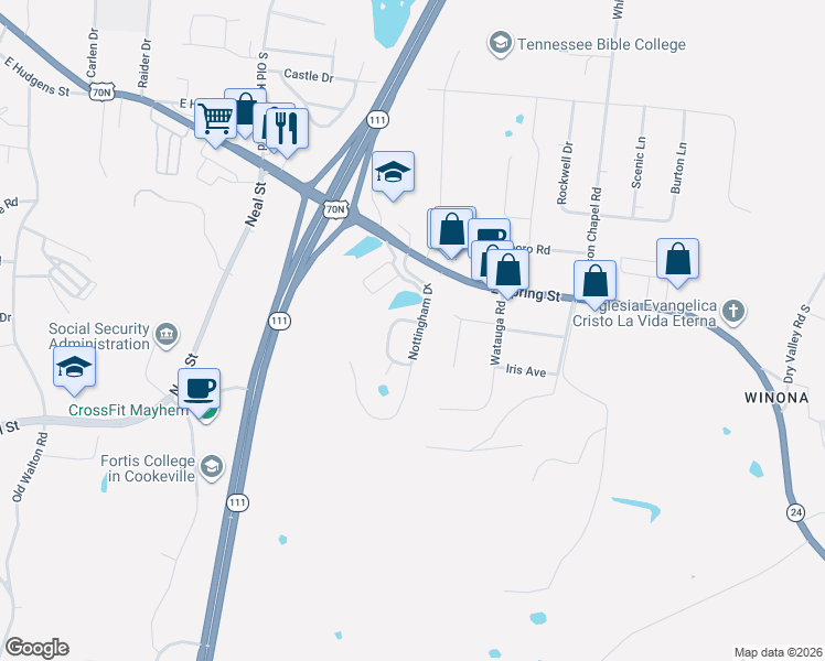 map of restaurants, bars, coffee shops, grocery stores, and more near 1459 Oxford Place in Cookeville
