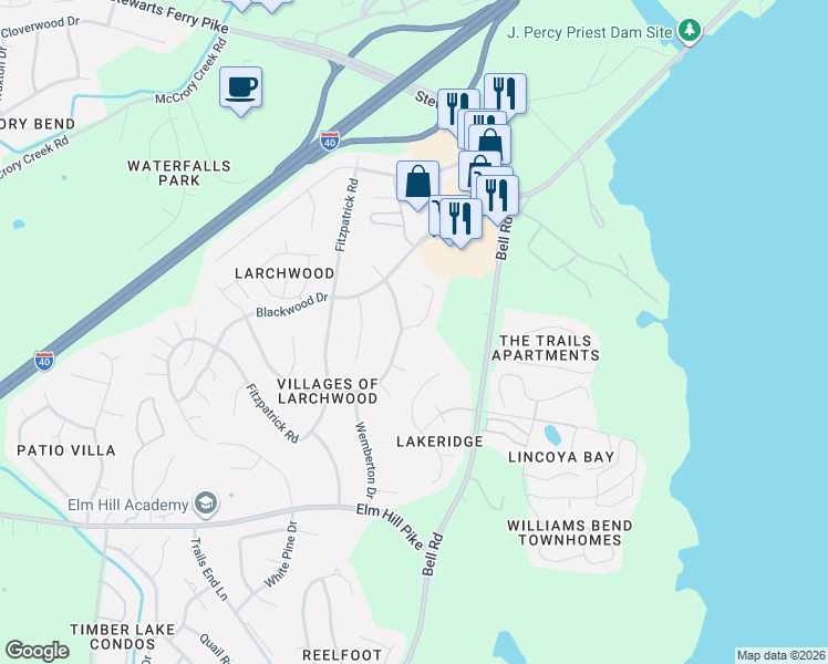 map of restaurants, bars, coffee shops, grocery stores, and more near 117 Needles Court in Nashville