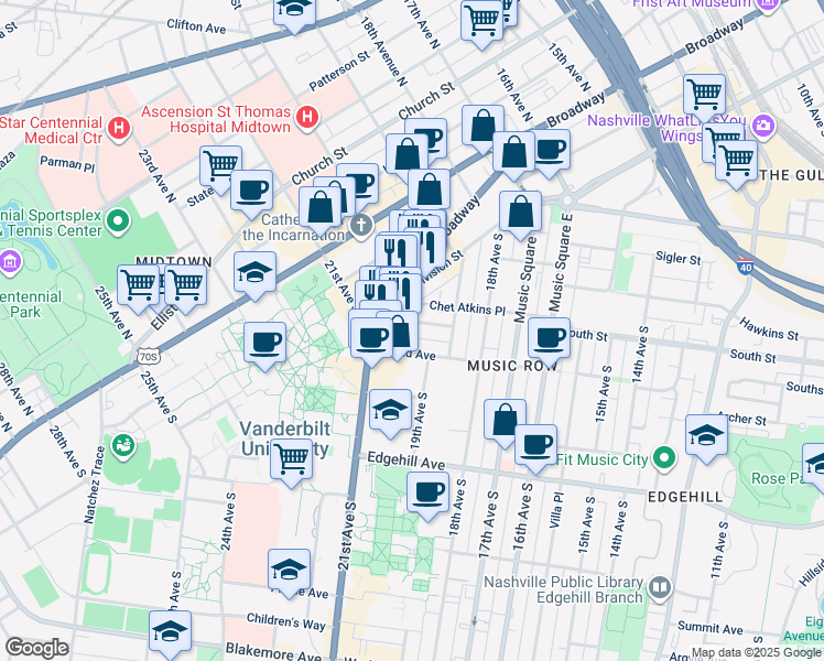 map of restaurants, bars, coffee shops, grocery stores, and more near 900 20th Avenue South in Nashville