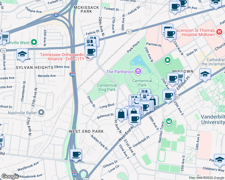 map of restaurants, bars, coffee shops, grocery stores, and more near 102 Parthenon Avenue in Nashville
