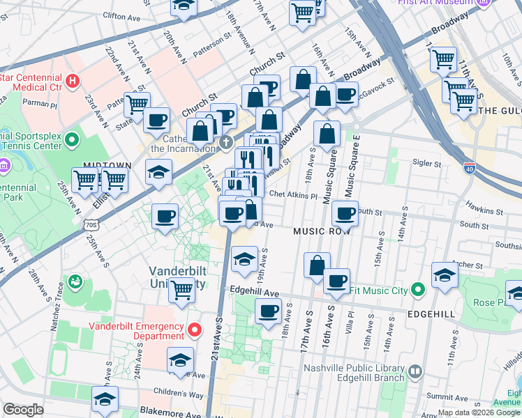 map of restaurants, bars, coffee shops, grocery stores, and more near 900 20th Avenue South in Nashville