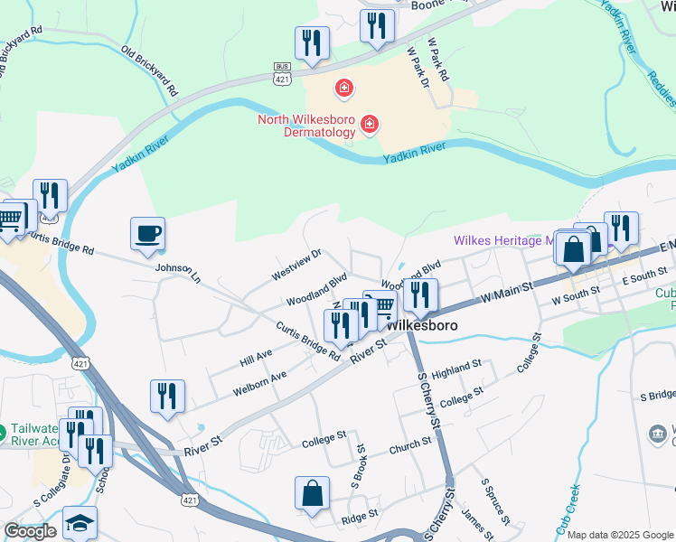 map of restaurants, bars, coffee shops, grocery stores, and more near 802 Woodland Boulevard in Wilkesboro