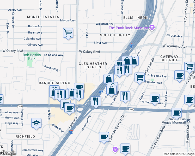 map of restaurants, bars, coffee shops, grocery stores, and more near 1913 Birch Street in Las Vegas
