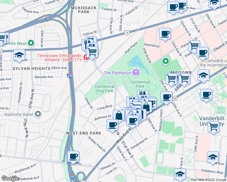 map of restaurants, bars, coffee shops, grocery stores, and more near 102 Parthenon Avenue in Nashville