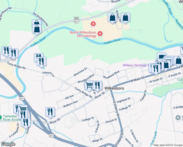 map of restaurants, bars, coffee shops, grocery stores, and more near 802 Woodland Boulevard in Wilkesboro