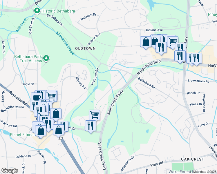 map of restaurants, bars, coffee shops, grocery stores, and more near 1141 Edgebrook Drive in Winston-Salem