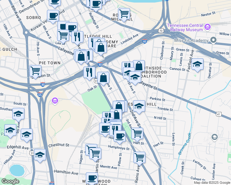 map of restaurants, bars, coffee shops, grocery stores, and more near 1010 3rd Avenue South in Nashville