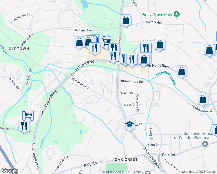 map of restaurants, bars, coffee shops, grocery stores, and more near 923 Scholastic Court in Winston-Salem