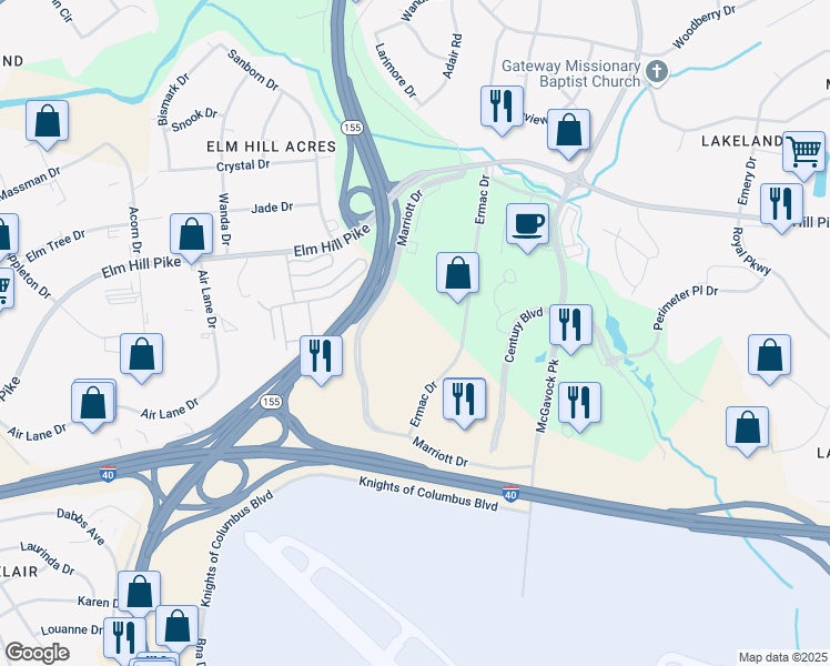 map of restaurants, bars, coffee shops, grocery stores, and more near 555 Marriott Drive in Nashville