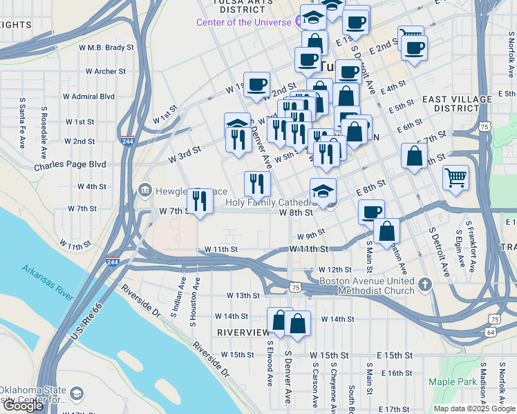 map of restaurants, bars, coffee shops, grocery stores, and more near 417 West 7th Street in Tulsa