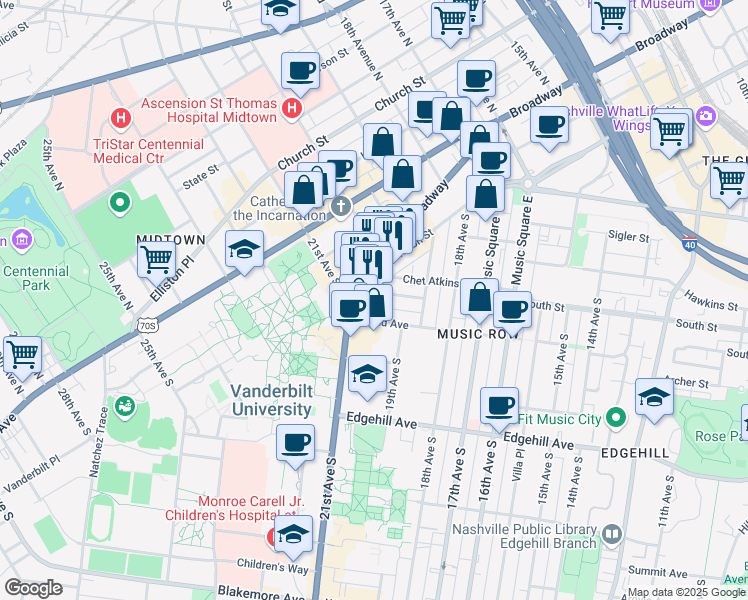 map of restaurants, bars, coffee shops, grocery stores, and more near 913 20th Avenue South in Nashville