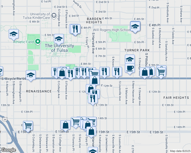 map of restaurants, bars, coffee shops, grocery stores, and more near 845 South Harvard Avenue in Tulsa
