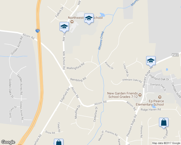 map of restaurants, bars, coffee shops, grocery stores, and more near 5203 Rambling Road in Greensboro