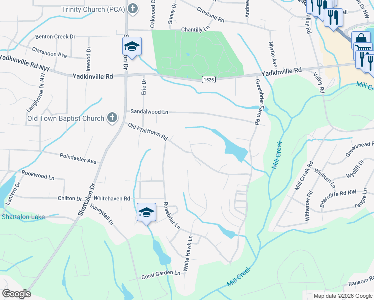 map of restaurants, bars, coffee shops, grocery stores, and more near 3715 Old Pfafftown Road in Winston-Salem