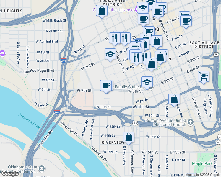 map of restaurants, bars, coffee shops, grocery stores, and more near 502 West 6th Street in Tulsa