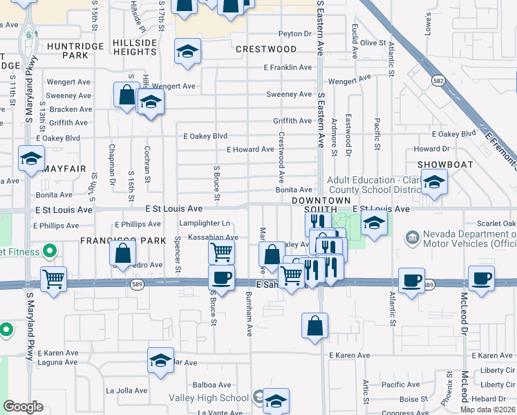map of restaurants, bars, coffee shops, grocery stores, and more near 1917 East Saint Louis Avenue in Las Vegas