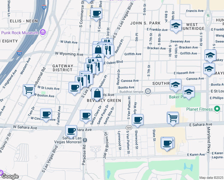 map of restaurants, bars, coffee shops, grocery stores, and more near 1909 Santa Paula Drive in Las Vegas