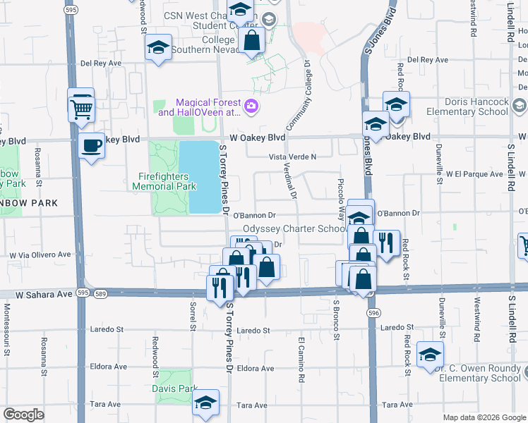 map of restaurants, bars, coffee shops, grocery stores, and more near 6325 Stonegate Way in Las Vegas