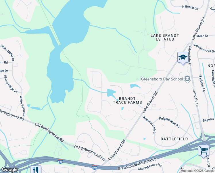 map of restaurants, bars, coffee shops, grocery stores, and more near 2543 Brandt Forest Court in Greensboro