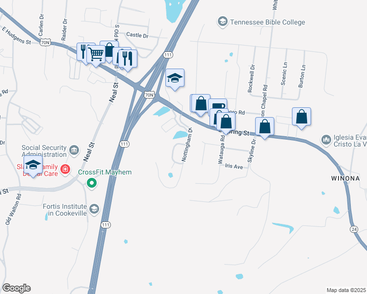 map of restaurants, bars, coffee shops, grocery stores, and more near 1459 Oxford Place in Cookeville