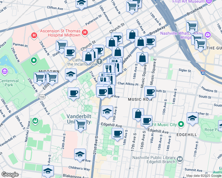 map of restaurants, bars, coffee shops, grocery stores, and more near 900 20th Avenue South in Nashville