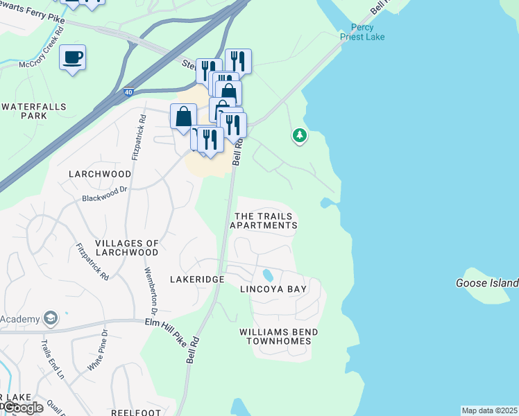 map of restaurants, bars, coffee shops, grocery stores, and more near 143 Trails Circle in Nashville