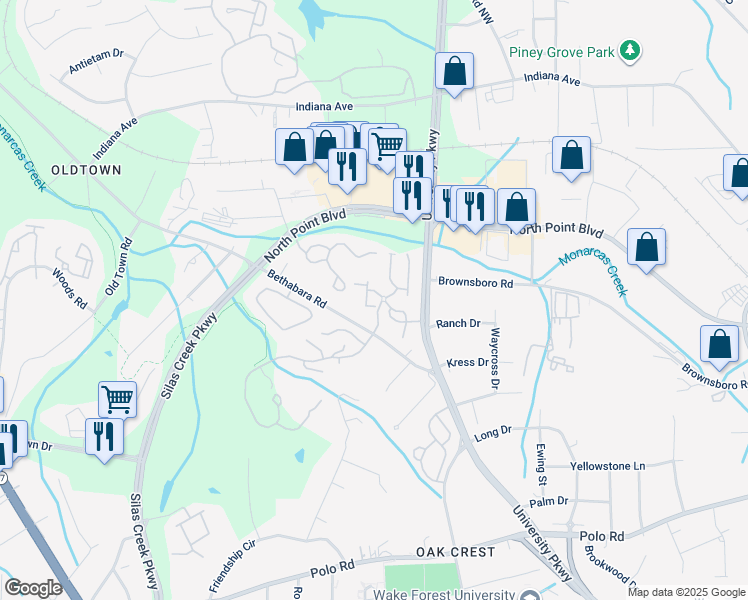 map of restaurants, bars, coffee shops, grocery stores, and more near 532 Timberline Ridge Lane in Winston-Salem