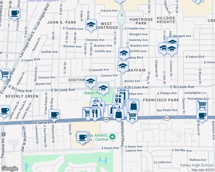 map of restaurants, bars, coffee shops, grocery stores, and more near 1041 East Saint Louis Avenue in Las Vegas