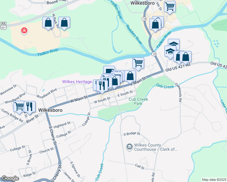 map of restaurants, bars, coffee shops, grocery stores, and more near 11 East Main Street in Wilkesboro