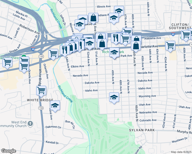 map of restaurants, bars, coffee shops, grocery stores, and more near 5101B Nevada Avenue in Nashville