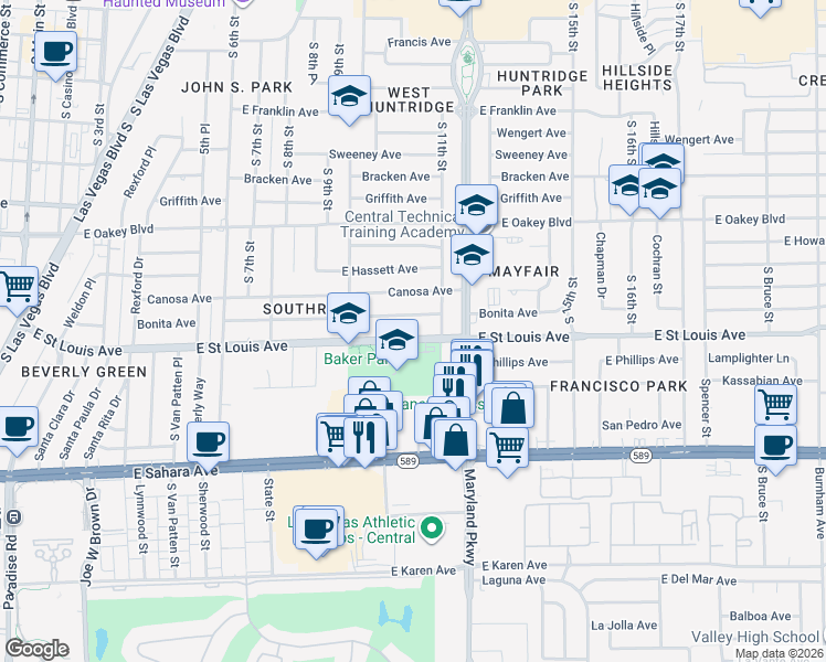 map of restaurants, bars, coffee shops, grocery stores, and more near 1041 East Saint Louis Avenue in Las Vegas