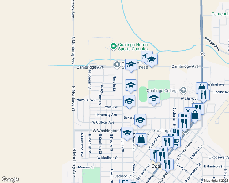 map of restaurants, bars, coffee shops, grocery stores, and more near 1201 Nevada Street in Coalinga