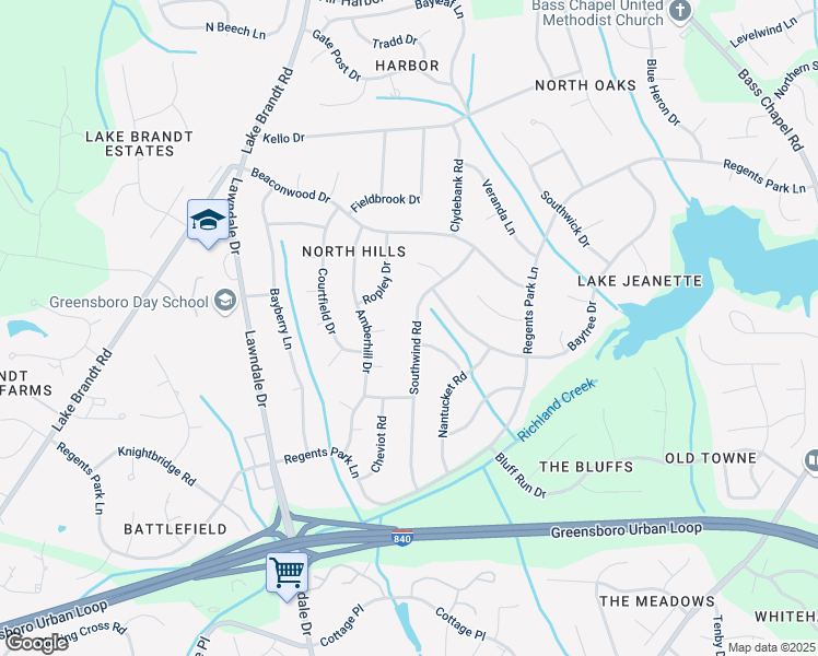 map of restaurants, bars, coffee shops, grocery stores, and more near 5303 Southwind Road in Greensboro