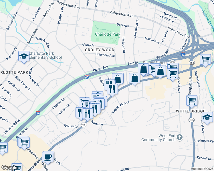 map of restaurants, bars, coffee shops, grocery stores, and more near 418 West Bend Drive in Nashville