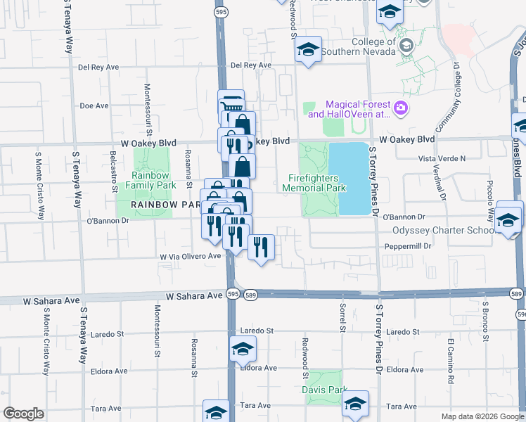 map of restaurants, bars, coffee shops, grocery stores, and more near 6808 O'Bannon Drive in Las Vegas