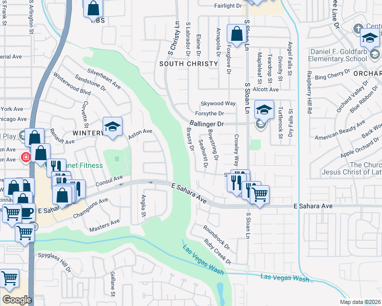 map of restaurants, bars, coffee shops, grocery stores, and more near 2123 Seahurst Drive in Las Vegas