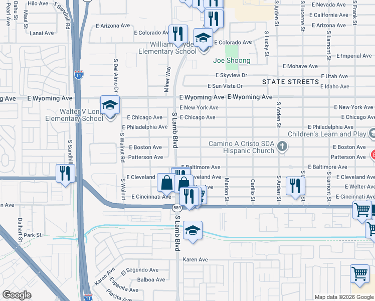 map of restaurants, bars, coffee shops, grocery stores, and more near 4270 East Boston Avenue in Las Vegas