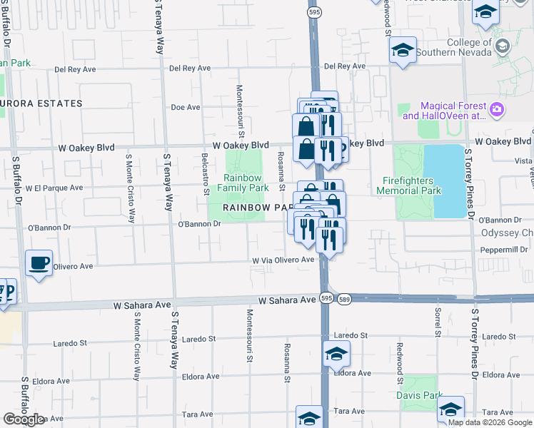 map of restaurants, bars, coffee shops, grocery stores, and more near 7040 O'Bannon Drive in Las Vegas