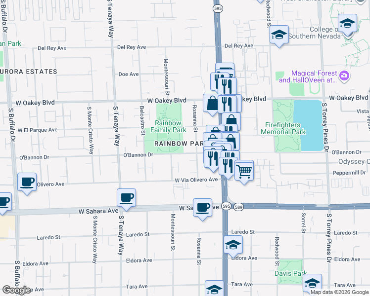 map of restaurants, bars, coffee shops, grocery stores, and more near 7040 O'Bannon Drive in Las Vegas
