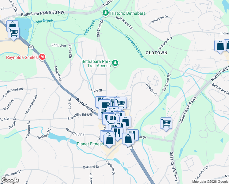 map of restaurants, bars, coffee shops, grocery stores, and more near 109 Echo Glen Drive in Winston-Salem