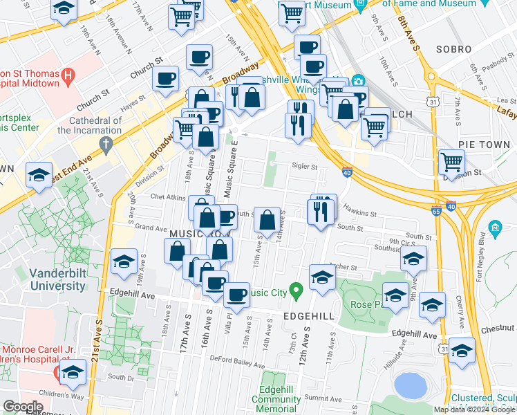 map of restaurants, bars, coffee shops, grocery stores, and more near 1501 Hawkins Street in Nashville