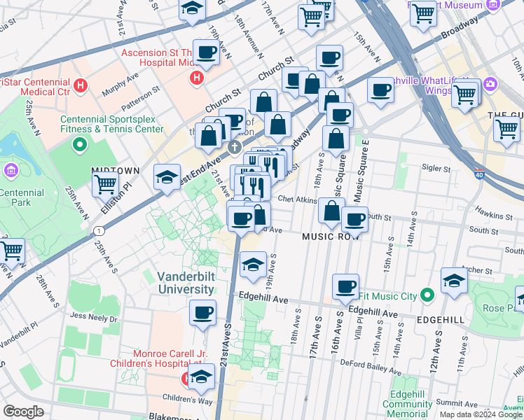 map of restaurants, bars, coffee shops, grocery stores, and more near 900 20th Avenue South in Nashville